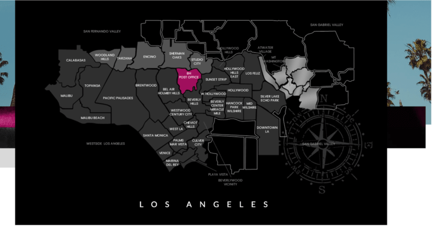 A graphic map of Los Angeles highlighting various neighborhoods and regions, useful for real estate navigation and location referencing.