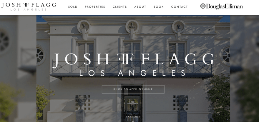 The website header for Josh Flagg Real Estate in Los Angeles, featuring the facade of a luxurious property with an invitation to book an appointment.