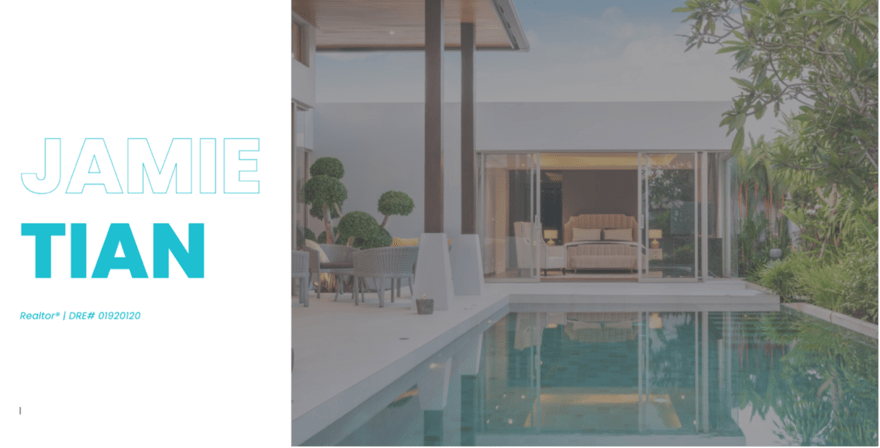 Website header for Jamie Tian, a realtor, featuring a serene poolside view of a modern home, evoking a sense of luxury real estate.