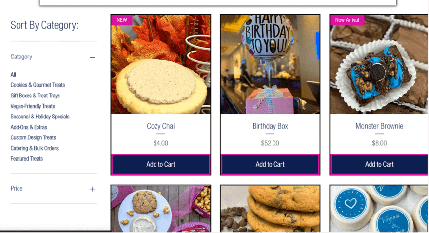 Screenshot of a bakery website selling cookies, cakes, and other baked goods. The website has a variety of categories, including "Cookies & Gourmet Treats", "Gift Boxes & Treat Trays", "Vegan-Friendly Treats", "Seasonal & Holiday Specials", "Add-Ons & Extras", and "Custom Design Treats". The featured treats are a Cozy Chai for $4.00, a Birthday Box for $52.00, and a Monster Brownie for $8.00.