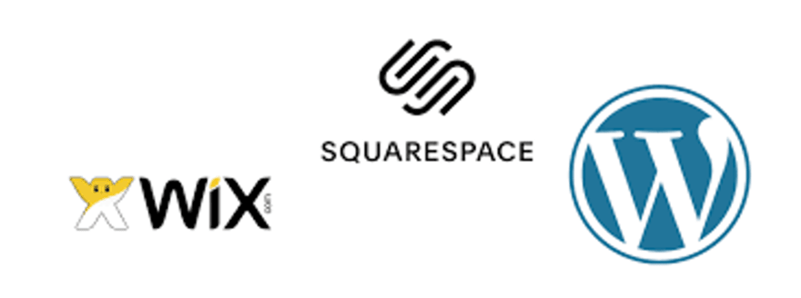 Logos of Wix, Squarespace, and WordPress, representing popular website creation and content management platforms.