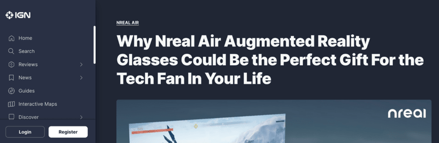 The IGN website header with a navigation menu and an article title about Nreal Air augmented reality glasses being a perfect gift for tech enthusiasts.