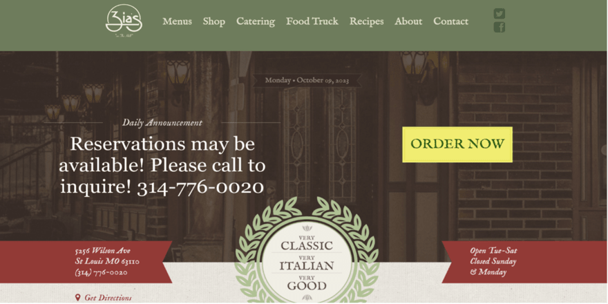 Restaurant website screenshot showing reservations may be available. Call (314) 777-0020 to inquire.