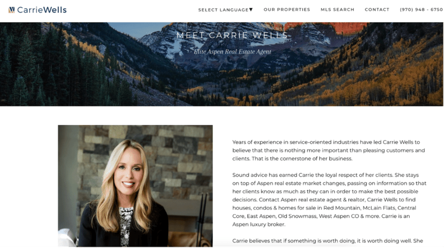 Profile page of Carrie Wells, a real estate agent in Aspen, with her portrait and a backdrop of the Aspen mountains, detailing her client-focused approach.