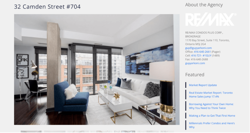 A stylishly decorated condo at 32 Camden Street #704, with agency contact information for Guy Yarkoni and featured real estate articles on the sidebar.