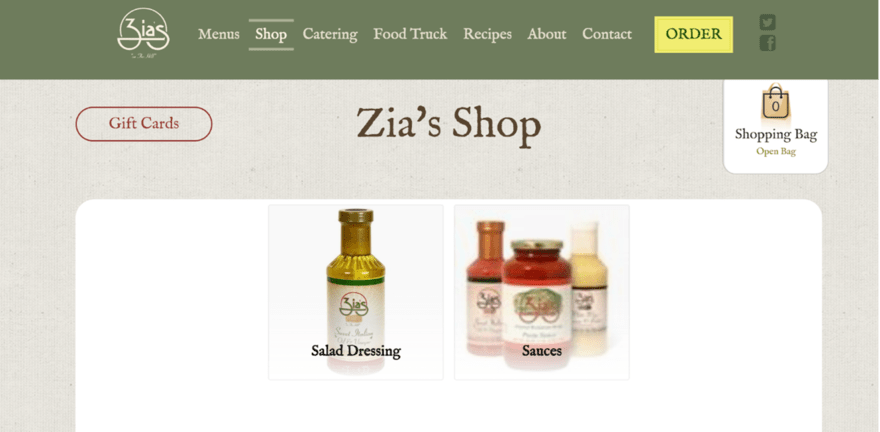 Homepage of Zia's Shop, selling salad dressings, sauces, and other food products.