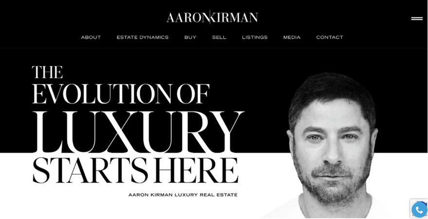 Website header for Aaron Kirman, featuring a monochrome theme with his portrait, and the tagline "The Evolution of Luxury Starts Here" for luxury real estate.