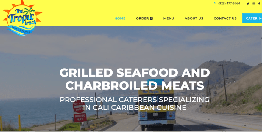 Screenshot of the homepage of The Tropic Truck's website, a food truck specializing in grilled seafood and charbroiled meats.