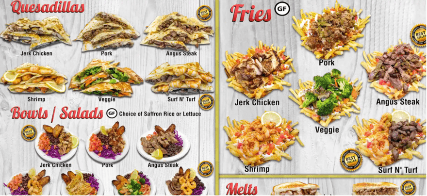 A menu with plates of quesadillas and fries, including jerk chicken, pork, Angus steak, shrimp, veggie, and surf n' turf quesadillas.