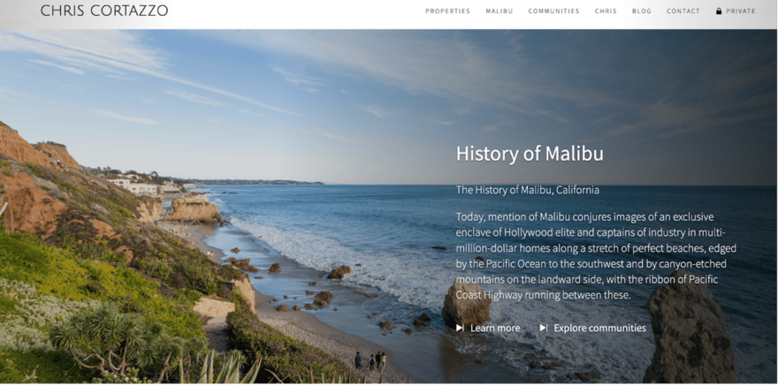 The webpage features a scenic coastal view of Malibu with a section titled "History of Malibu" describing the area's luxurious lifestyle and real estate.
