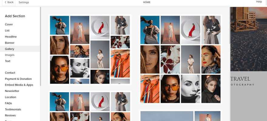 Gallery layout options in pixpa's website editor