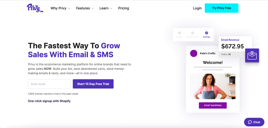Shopify app Privy's homepage, featuring a sign up form