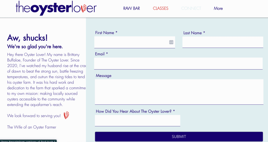 Screenshot of the homepage of The Oyster Lover website, which shows a registration form for a new user. The form has fields for first name, last name, email address, and a message. There is also a dropdown menu where users can select how they heard about The Oyster Lover.