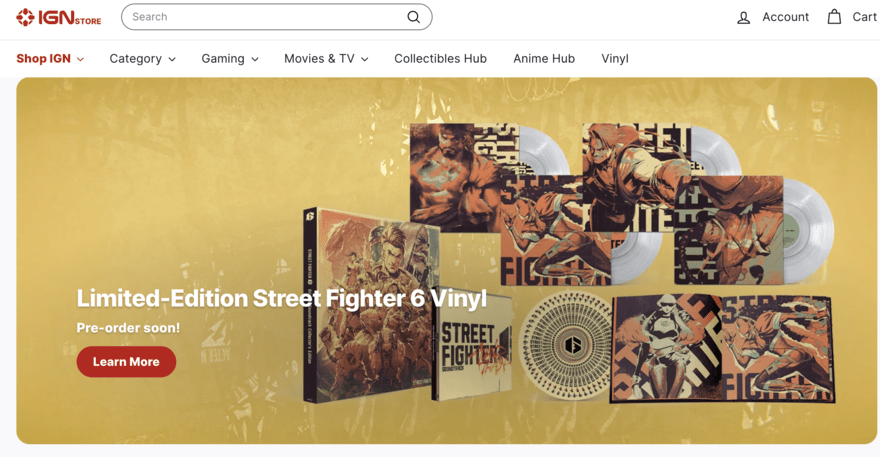 Advertisement for pre-ordering the limited-edition Street Fighter 6 vinyl, featuring artwork and vinyl records, on IGN's online store with a "Learn More" button.