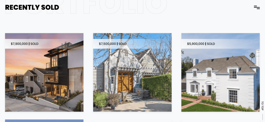 A real estate website's portfolio section showcasing three recently sold properties, each with its selling price listed, against a clean and stylish backdrop.