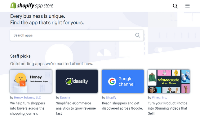 selection of shopify apps with a search bar at the top