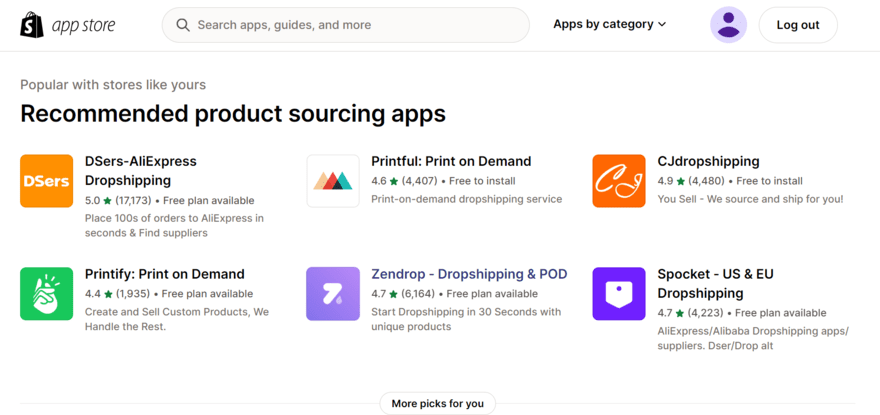 Shopify's app store, showing product sourcing apps