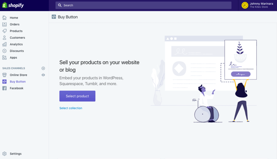Buy Button homepage within your Shopify backend dashbaord, featuring a button to select products or collection