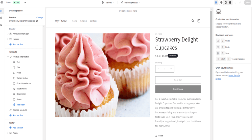Shopify product page in editor with big image of cupcakes next to a product description and price, with editing menus open on the left and right.