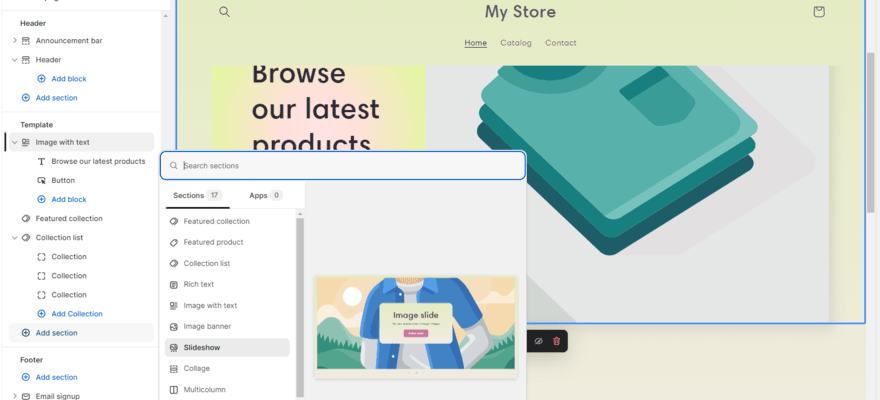 Shopify's frontend editor in action, showing how to add new sections to your website.