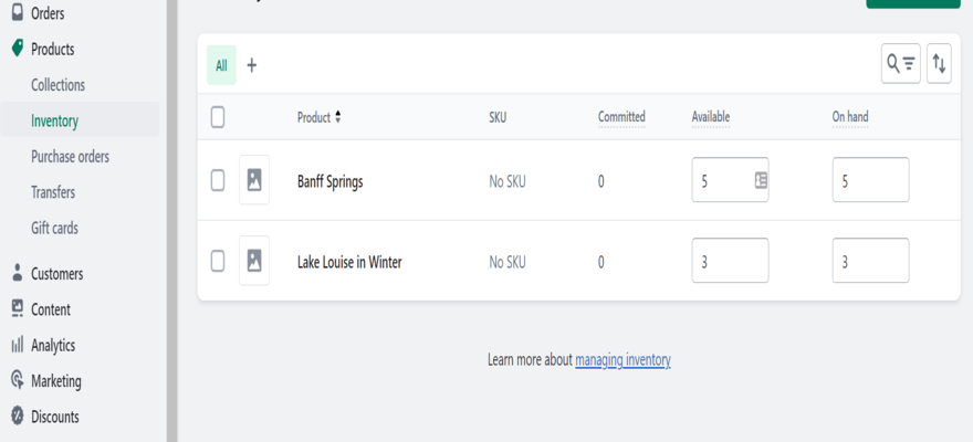 An image of Shopify's inventory management page with two products and their stock levels listed.