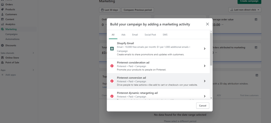 The Shopify dashboard with a white pop-up showing the kinds of marketing campaigns you can run.