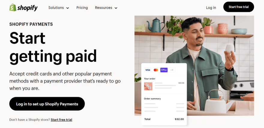 Shopify Payments page inviting readers to sign up next to an image of a man holding a small pot with a pop up image of someone ordering that same product