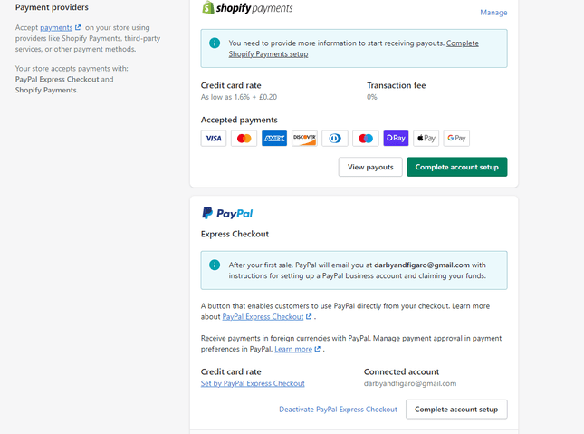 a payment option summary page showing shopify payments and PayPal