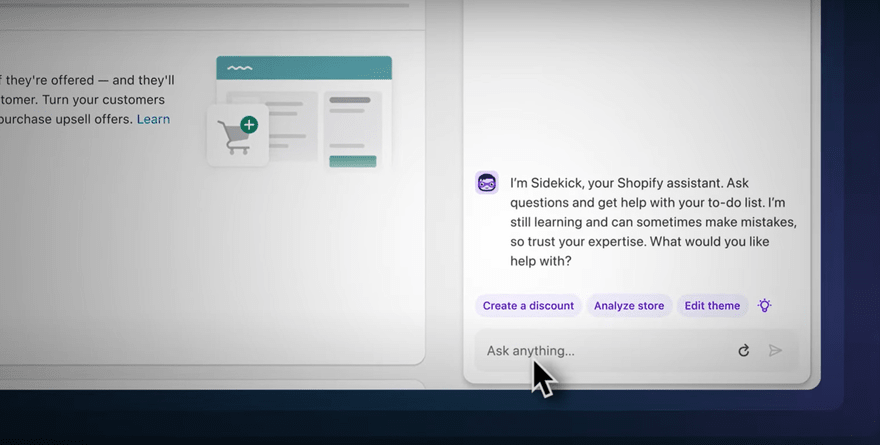 Image of a chat in the builder, and Shopify Sidekick asking how it can help.