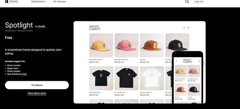shopify spotlight template, showing rows of hats