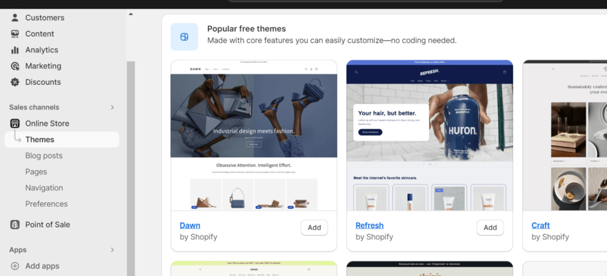Catalog of Shopify online store themes