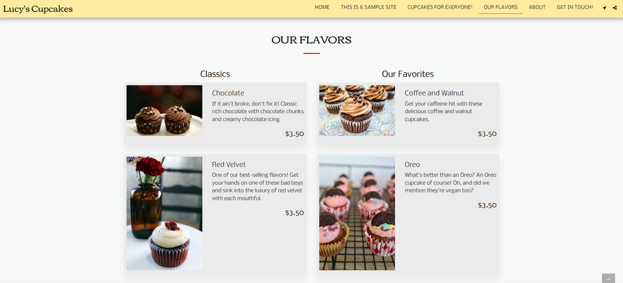 Site123 demo website highlighting its navigation bar at the top and a menu template on the page