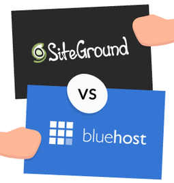 Graphic designed hands holding two cards that say SiteGround vs Bluehost
