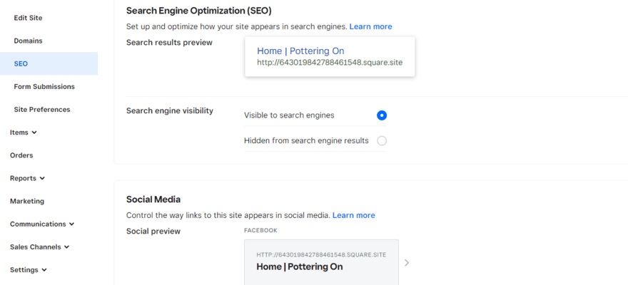 Square Online's SEO settings page