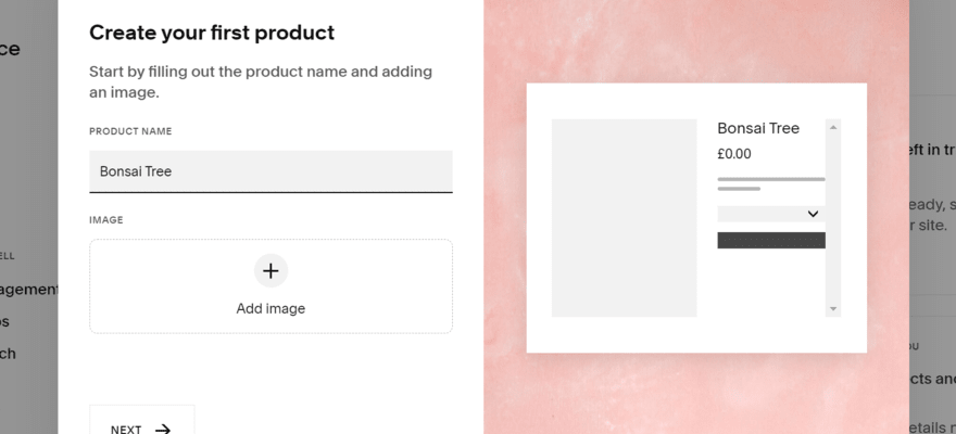 Product pop up to add a new product to Squarespace store