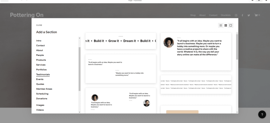 Pop up in Squarespace's editor featuring available pre-designed sections to add to pages