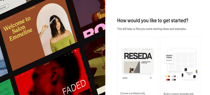 An image of Squarespace's get started page with two clickable options and a large graphic on the left showing different templates.