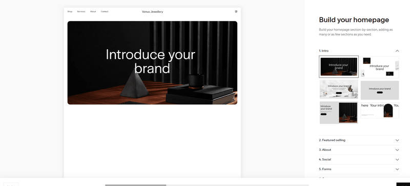 squarespace's editor featuring a side menu of sections