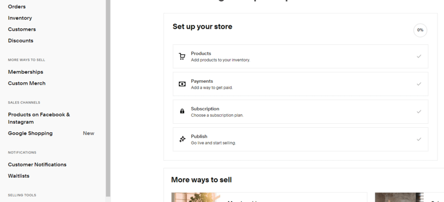 Squarespace backend dashboard showcasing its commerce capabilities