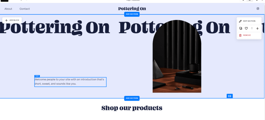 Squarespace website editor for a fake pottery studio