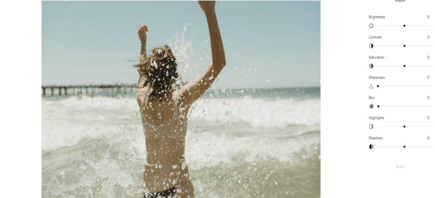 Squarespace image editor showing picture of a woman running into the sea on the left and an editing toolbar on the right.