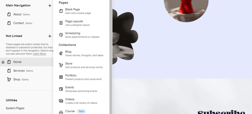 Pop up sidebar showing page options in Squarespace editor