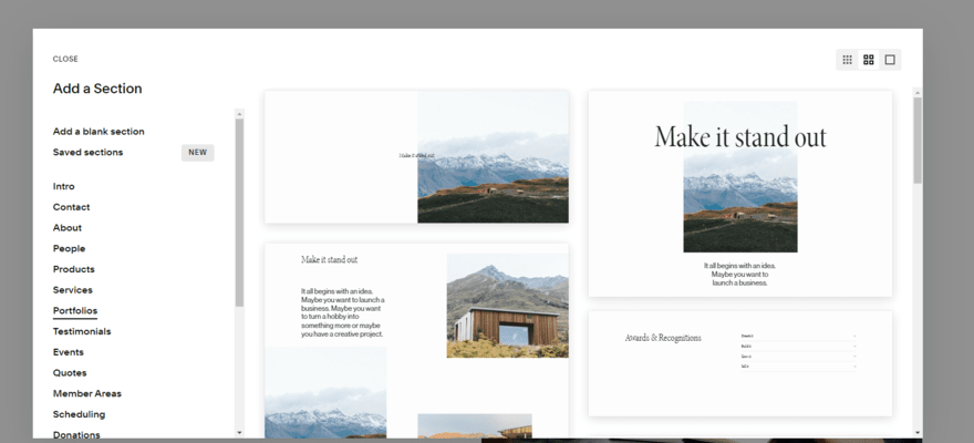 Library of portfolio elements in Squarespace's website editor