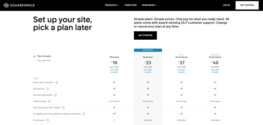 Squarespace pricing plans