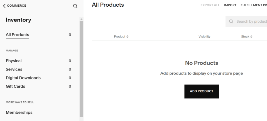 Product management dashboard in Squarespace settings