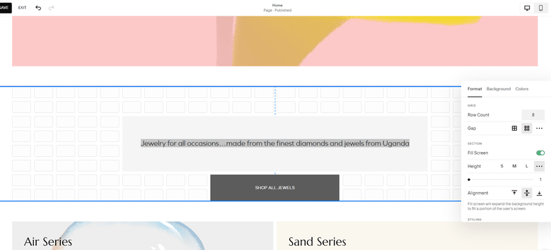 close up of squarespace section editor with grid background