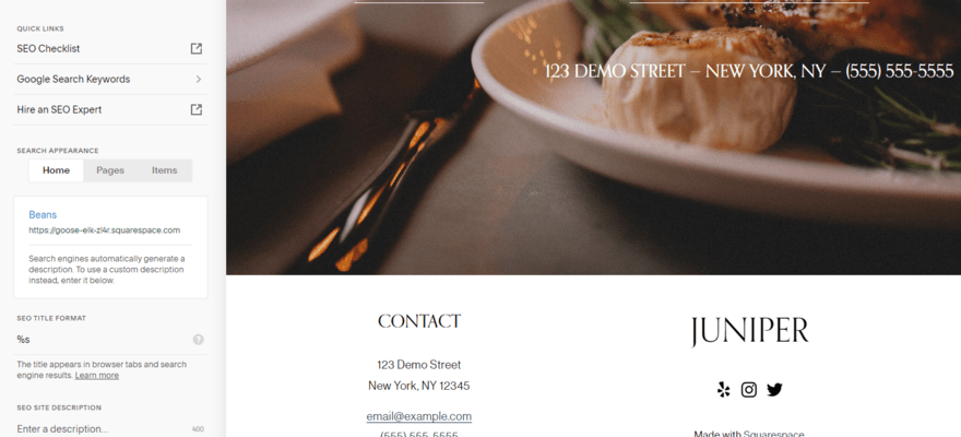 Squarespace's SEO settings on a test website