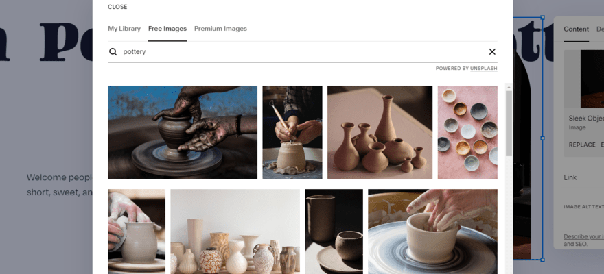 Pop up box featuring images of pottery from Squarespace's stock image library