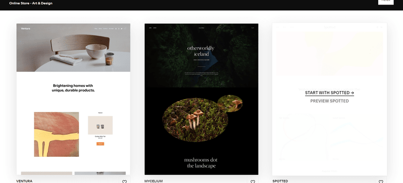 A selection of three templates offered by Squarespace