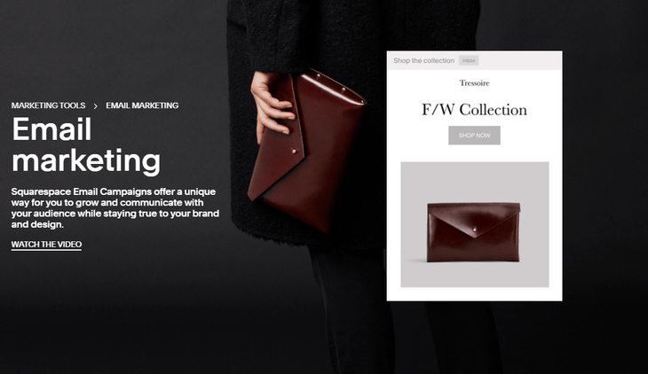Squarespace email marketing dark background page with woman holding leather purse next to email example of the purse's product page